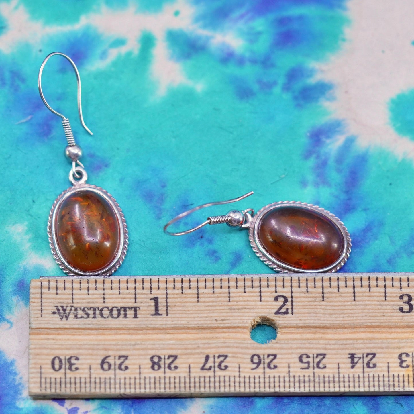 Vintage sterling 925 silver handmade earrings with oval amber