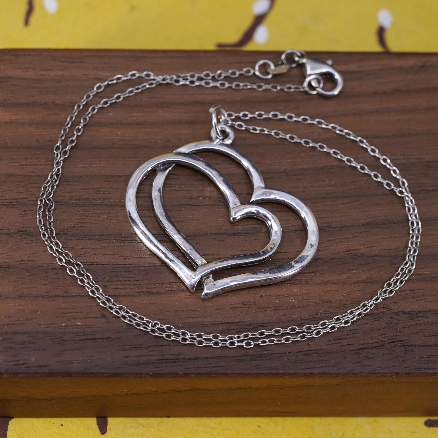 18”, vintage Sterling silver necklace, 925 circle chain double heart pendant