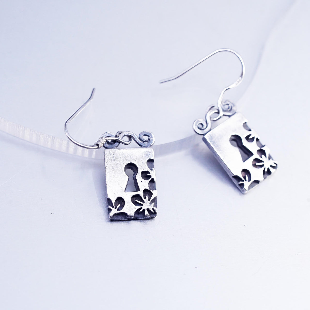 Vintage Mexican Sterling 925 silver handmade tag earrings with key cutout