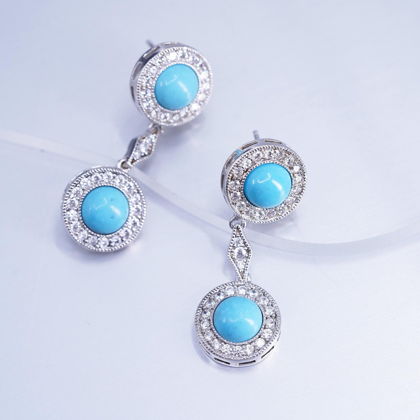 Vintage Sterling 925 silver handmade earrings with turquoise and cluster Cz