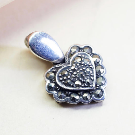 Vintage Sterling silver handmade pendant, 925 heart with marcasite