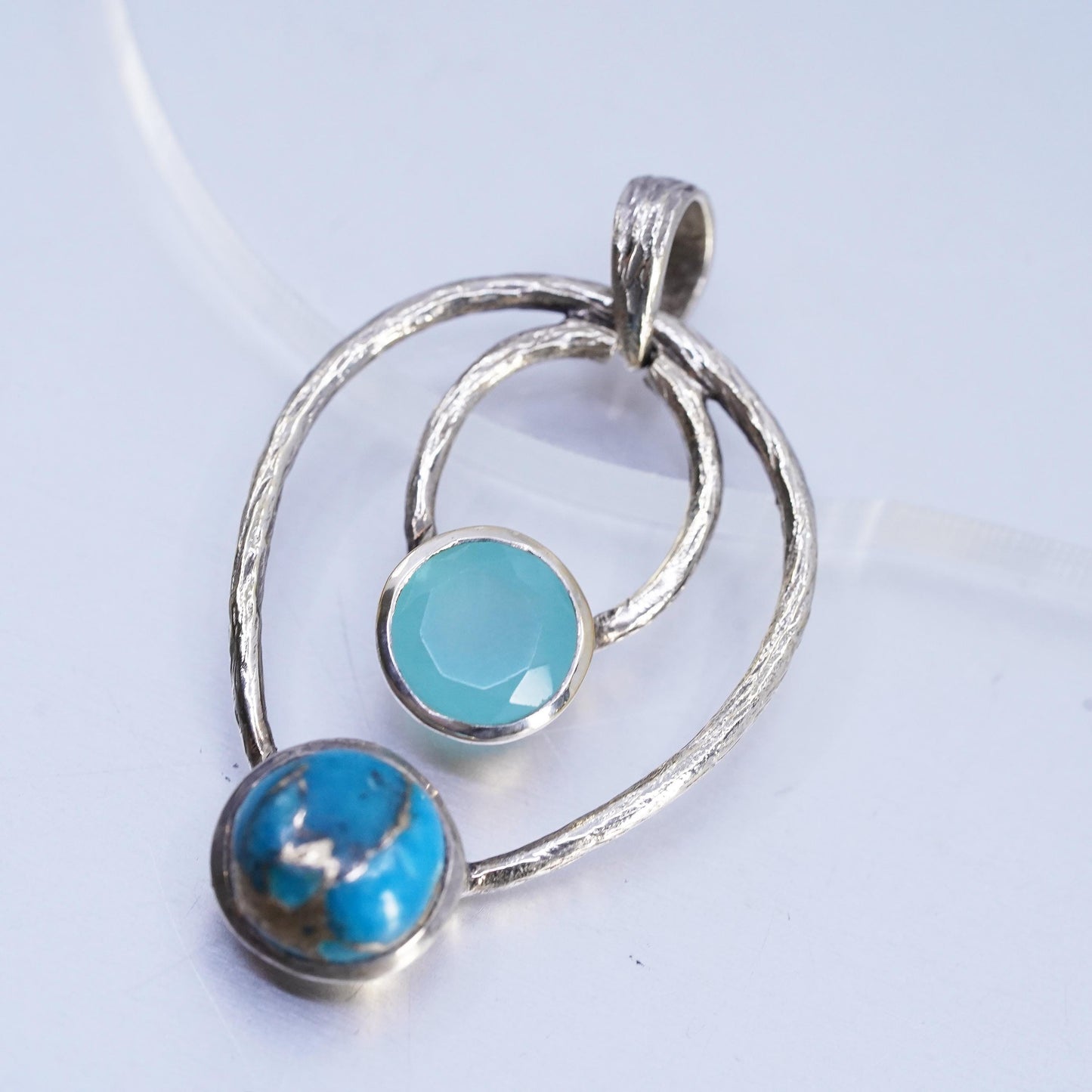 Vintage sterling 925 silver textured pendant with blue Chalcedony and turquoise