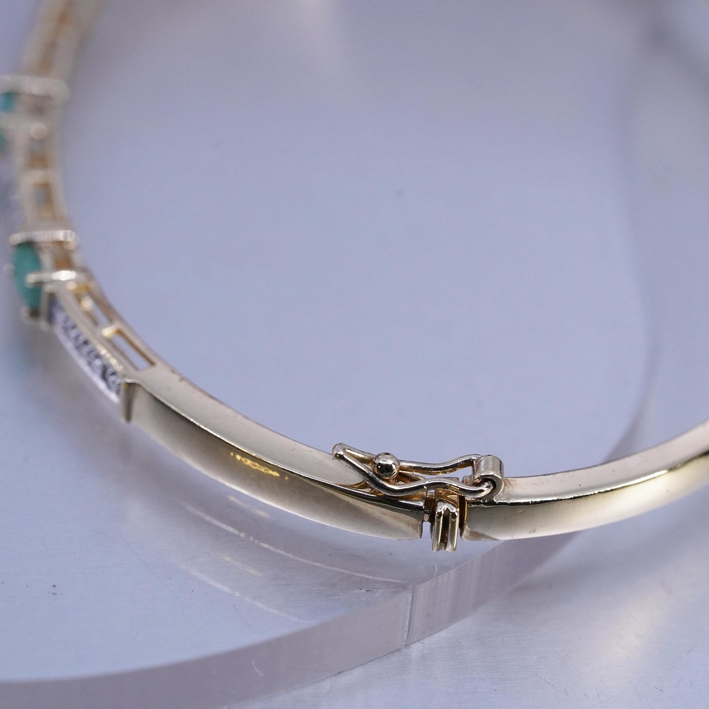 7", vermeil gold over Sterling 925 silver bracelet, hinged bangle jade diamond