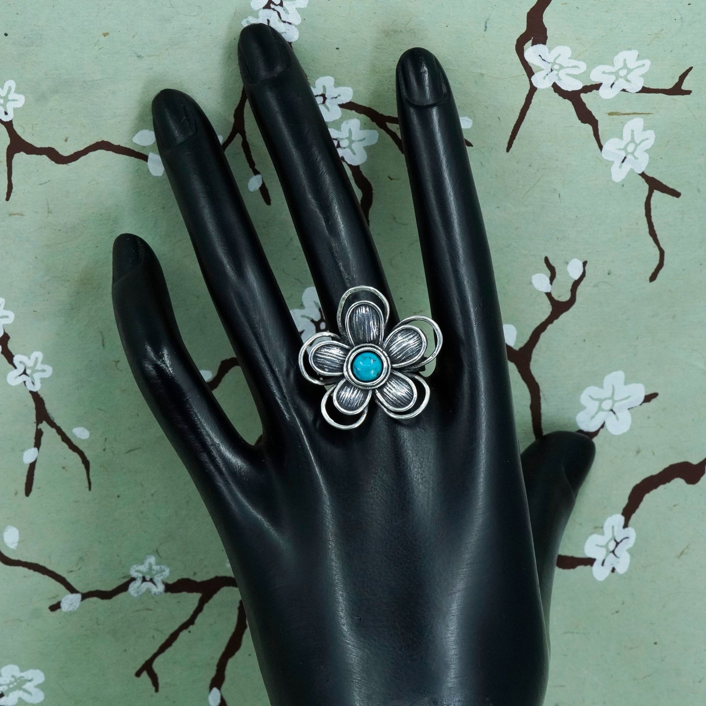 Size 9, Israel Sterling silver ring, 925 flower statement ring turquoise