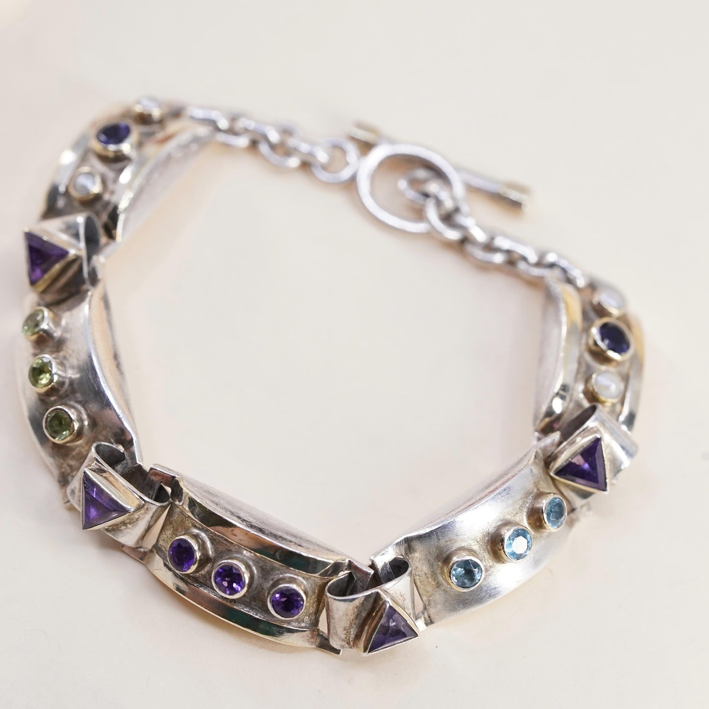 6.75” Sterling 925 Silver 14K Gold Multi Gemstone Bracelet Amethyst Topaz Pearl