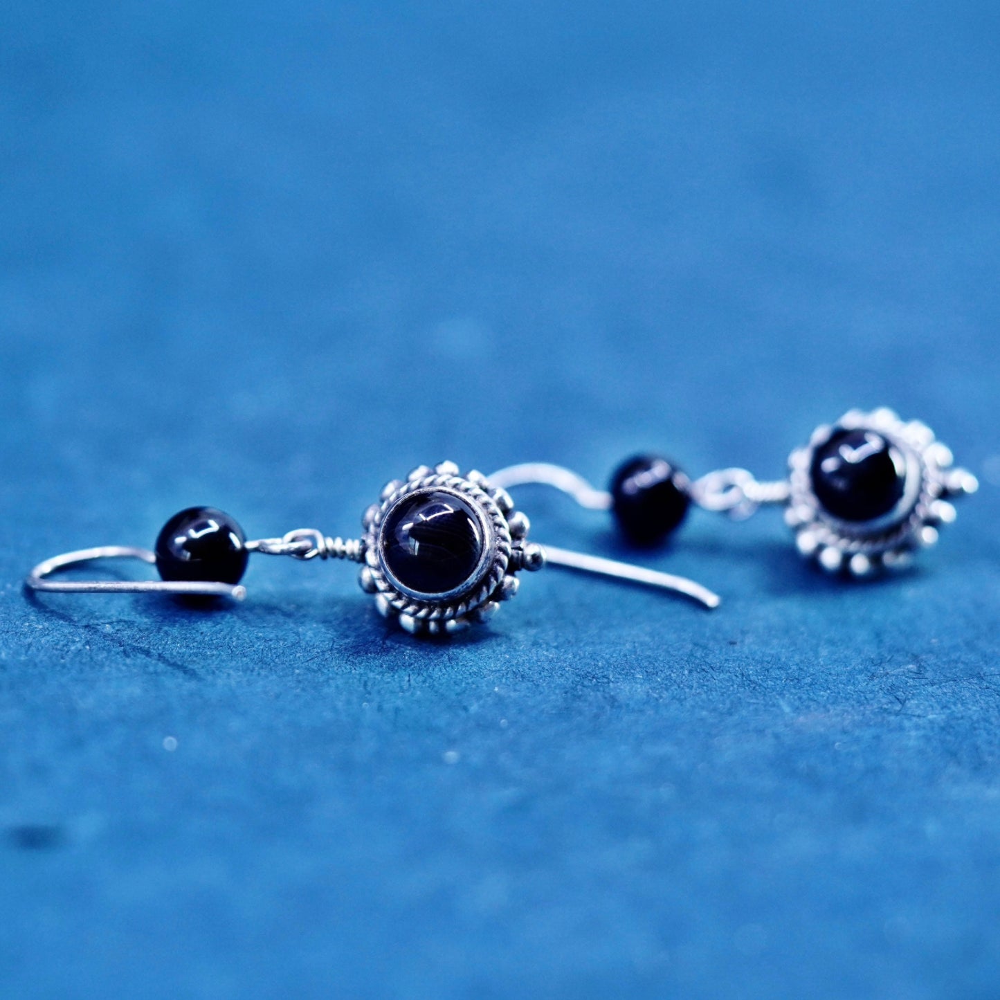 Vintage sterling 925 silver handmade earrings with round obsidian