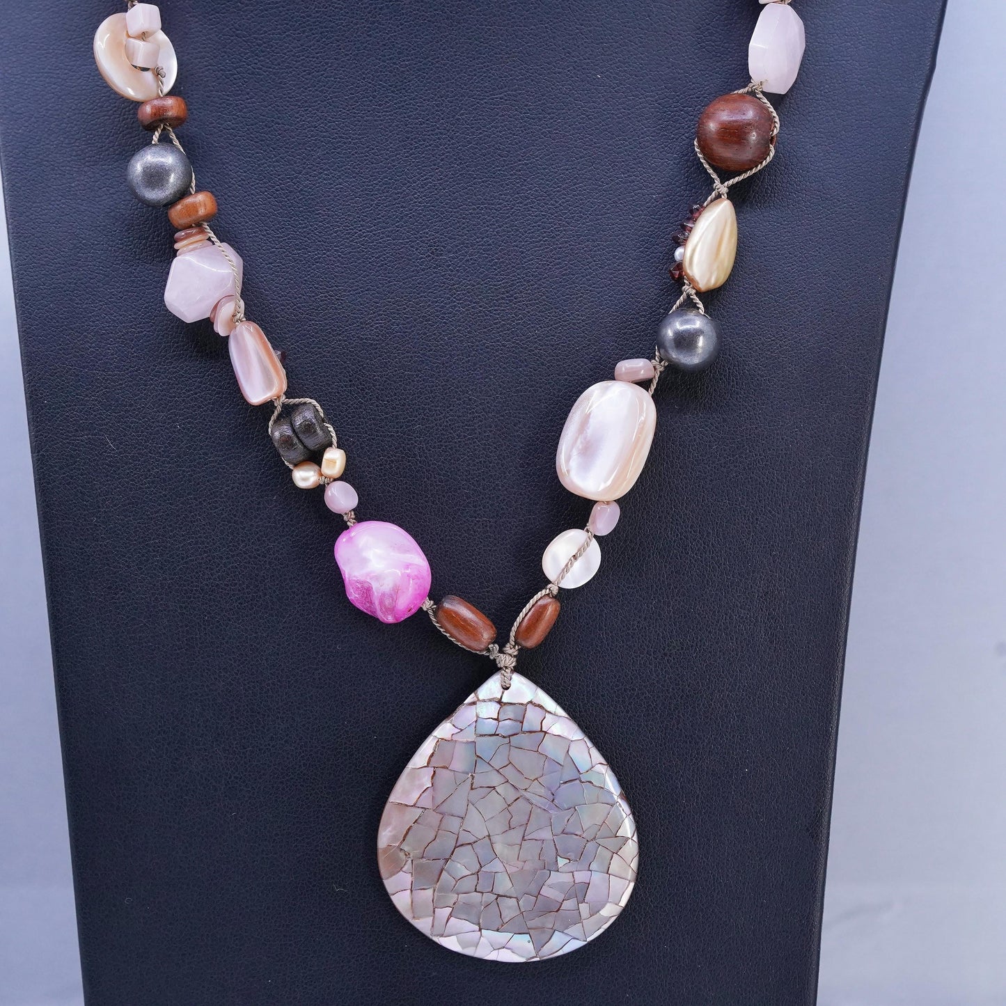 20+2", VTG Peyote Bird Sterling 925 silver handmade pearl wood bead necklace