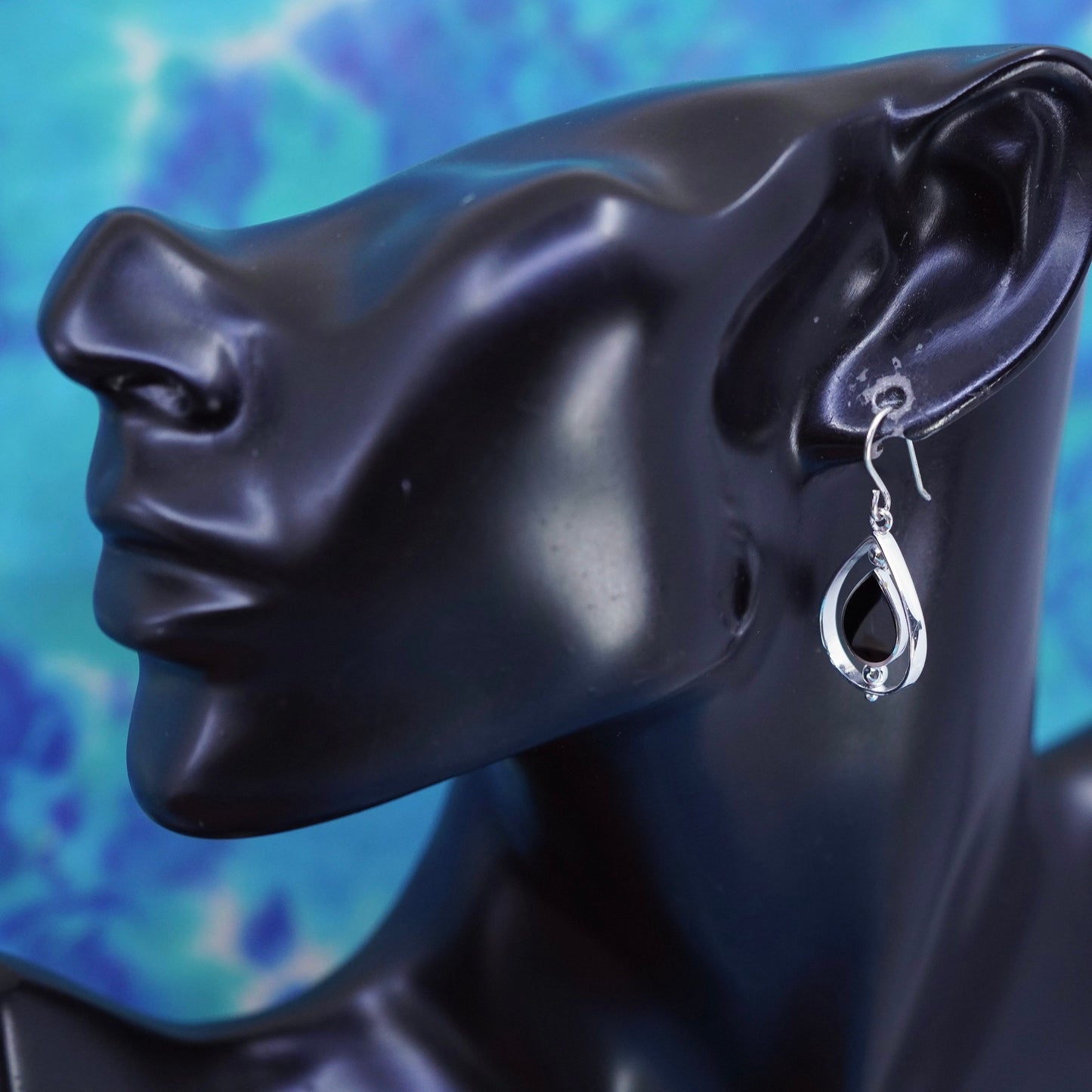 Vintage Sterling 925 silver handmade teardrop earrings with onyx inlay