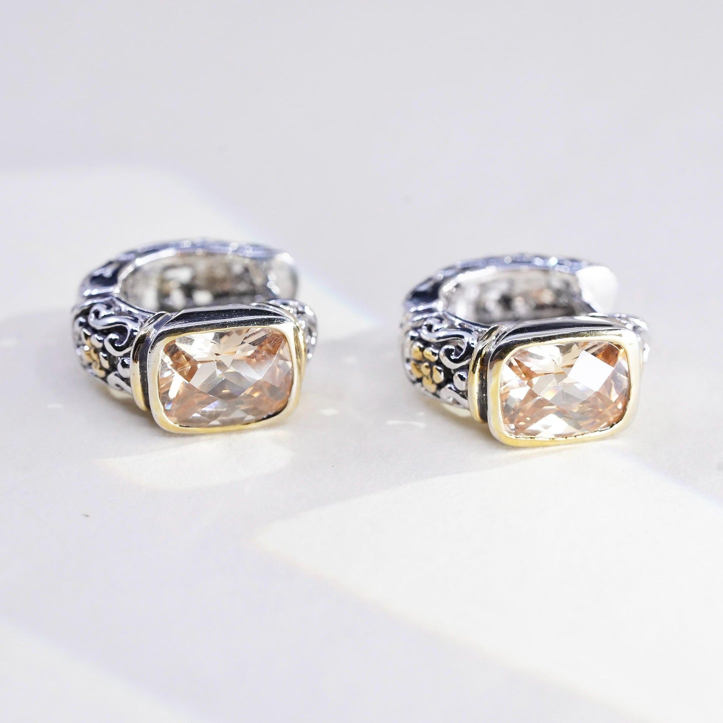 Vintage sterling silver earrings, filigree floral 925 huggie hoops citrine