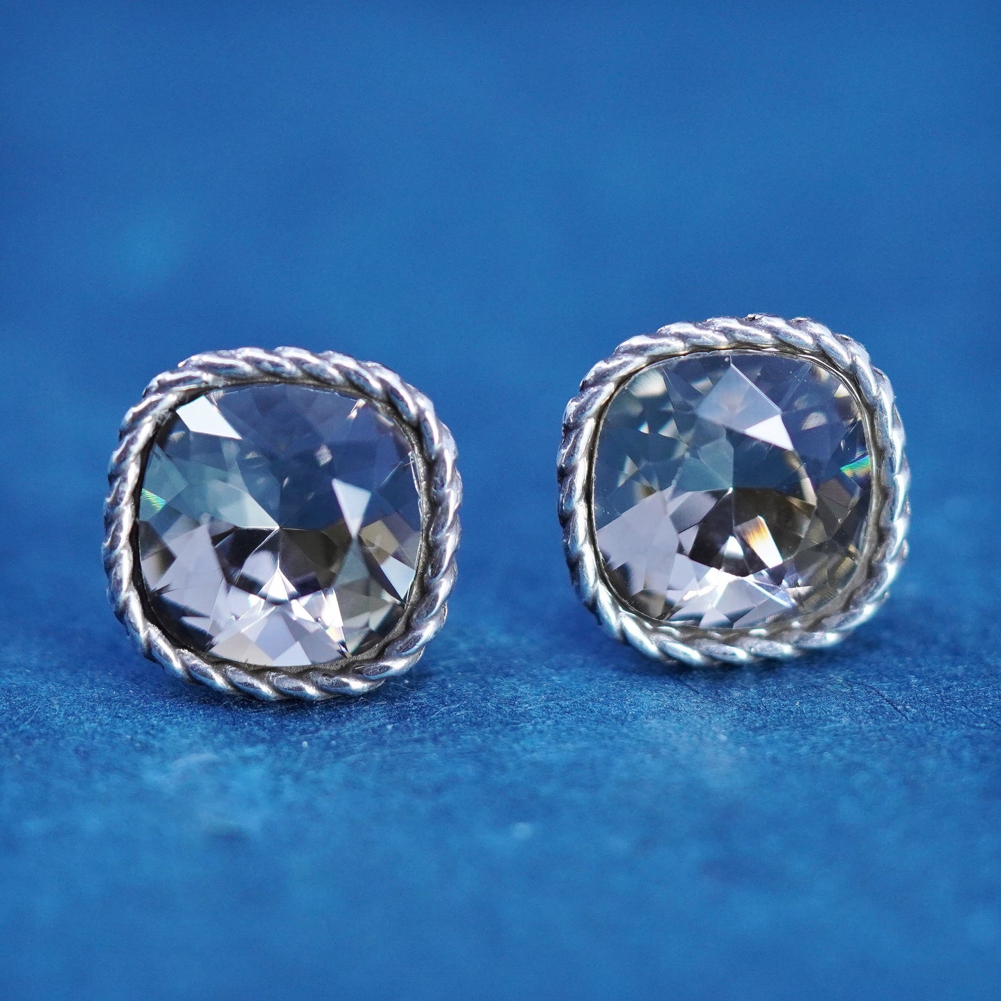 Vintage sterling silver handmade earrings, square 925 studs with CZ inlay