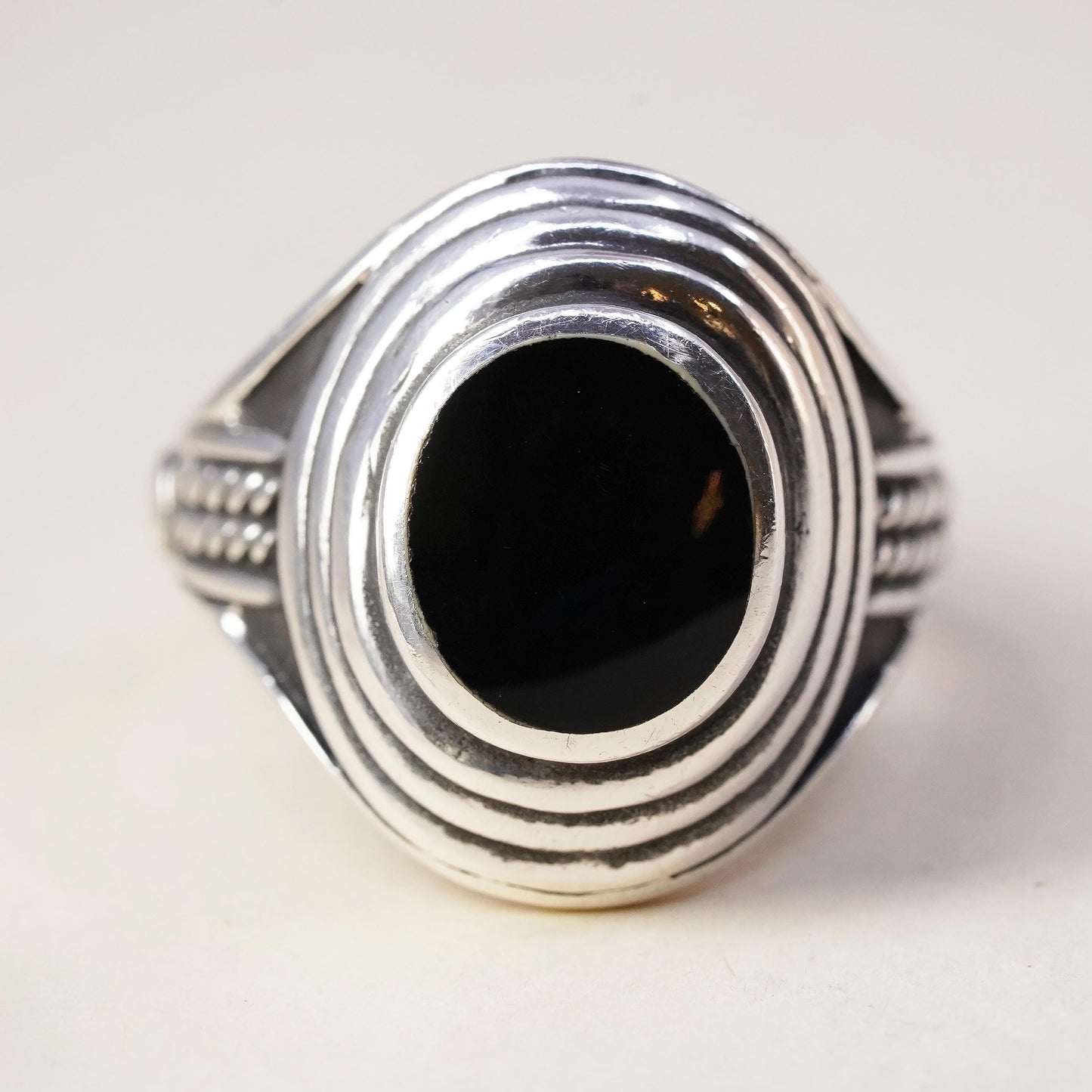 Size 12.25, Vintage sterling 925 silver statement handmade ring with oval onyx