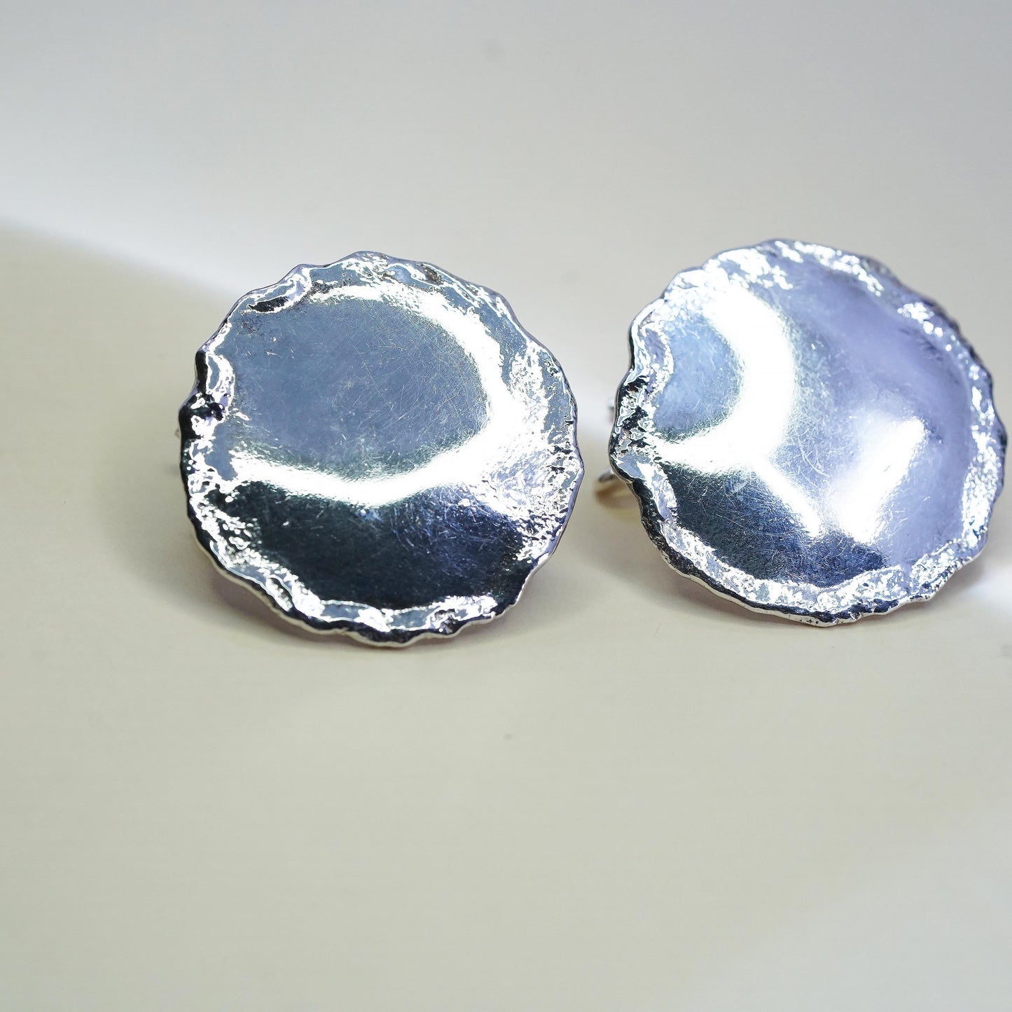 Vintage Rustic Sterling Silver Organic Disc Studs, Artisan 925 Silver Earrings