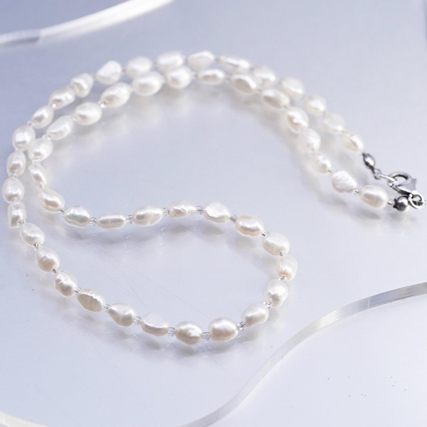 18", vintage sterling 925 silver necklace w/ 6mm freshwater baroque pearl beads