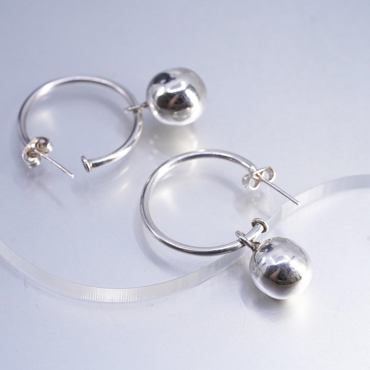 1", Vintage Sterling Silver Ball Earrings, 925 Silver bead Dangle Sphere Hoops