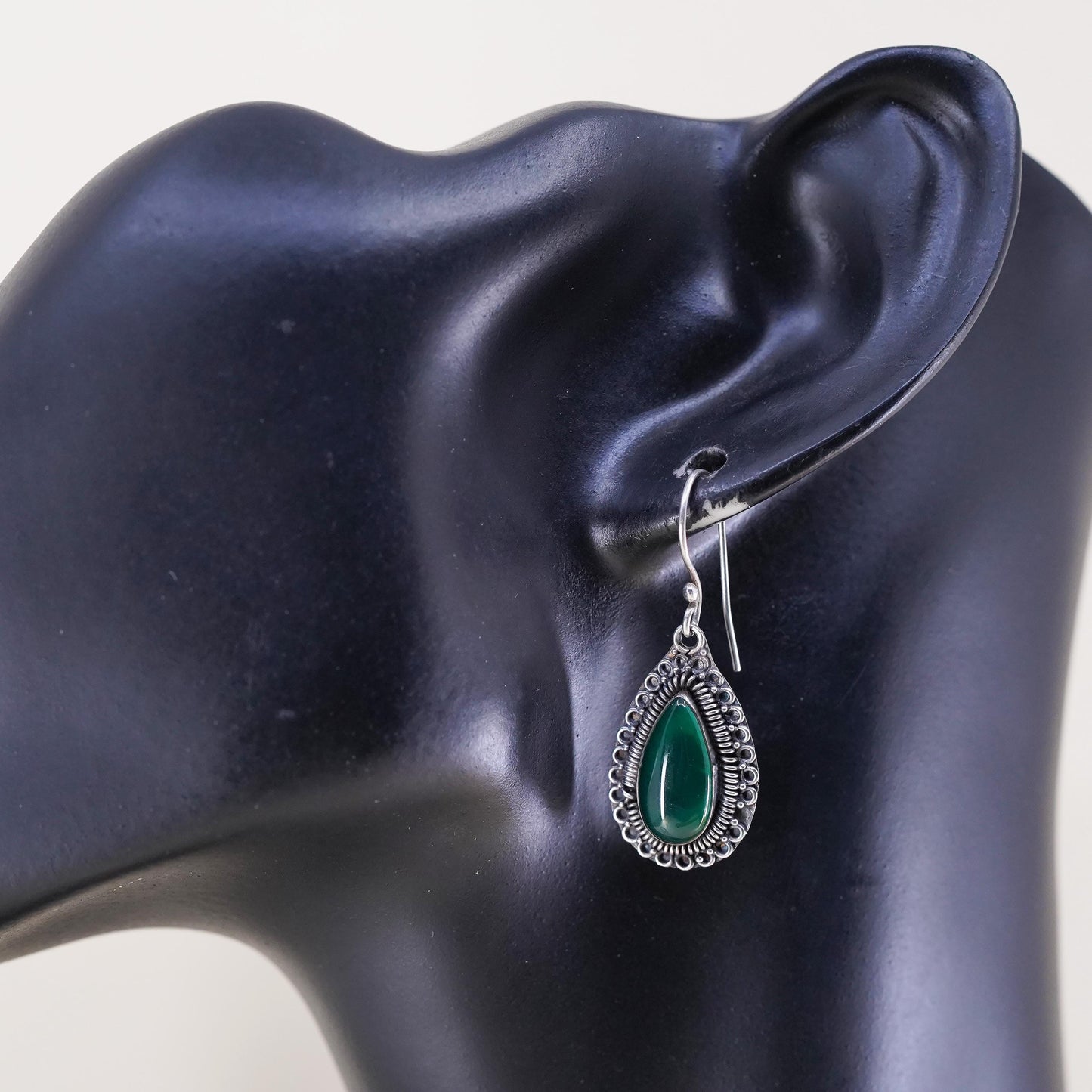 Vintage sterling 925 silver handmade earrings with teardrop jade