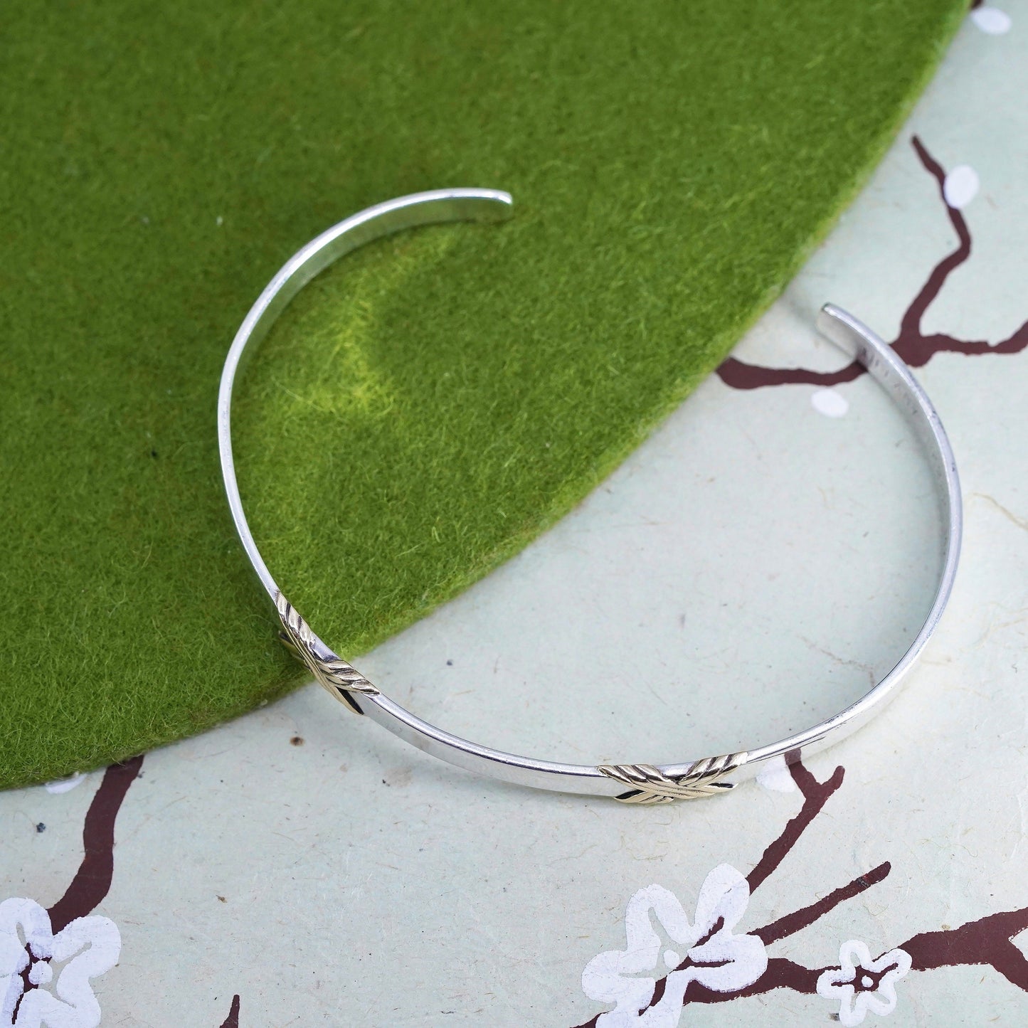 8", Vintage sterling silver 925 handmade cuff bracelet w/ 14K yellow gold trim