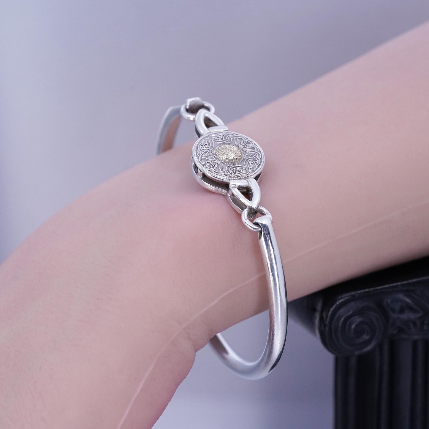 7”, two tone Irish Sterling 925 silver bracelet, hinged bangle 14K yellow gold