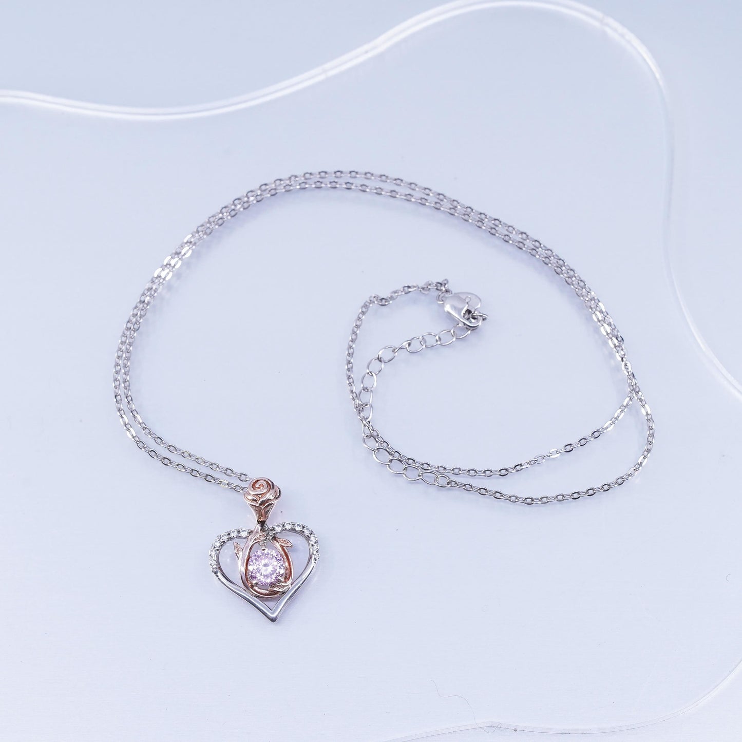 18+2”, two tone Sterling 925 silver flatten circle necklace cz heart pendant