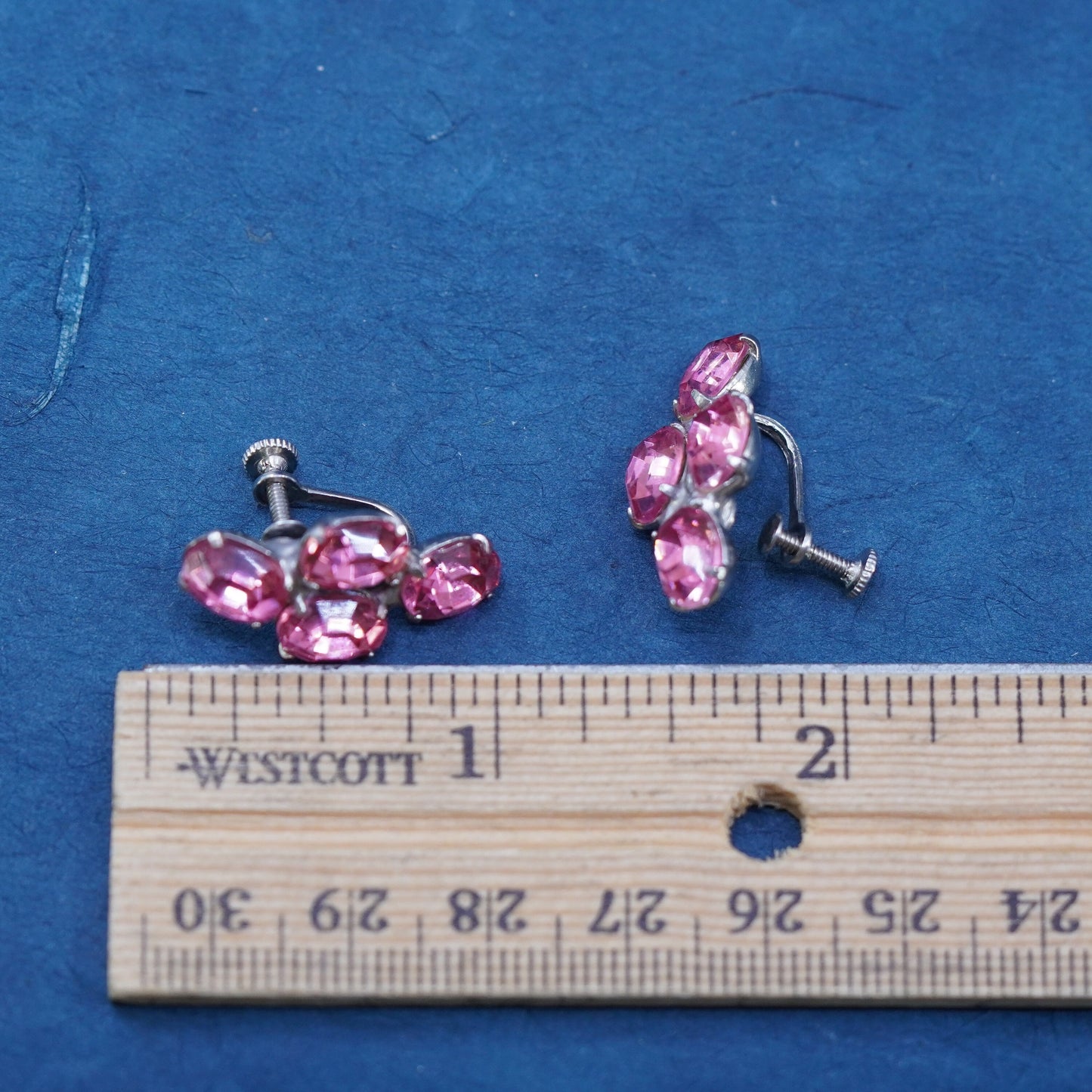 Vintage Sterling silver 925 screw back earrings with pink rhinestones