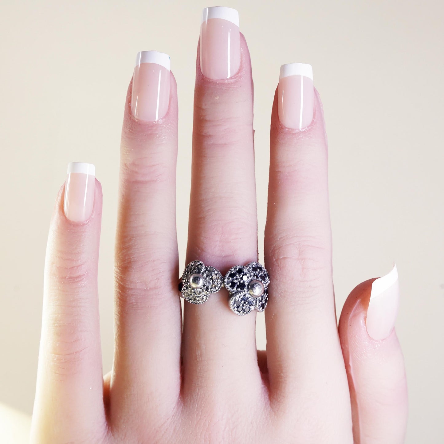 Size 6, Vintage Sterling silver ring, 925 silver flower ring cluster CZ spinel