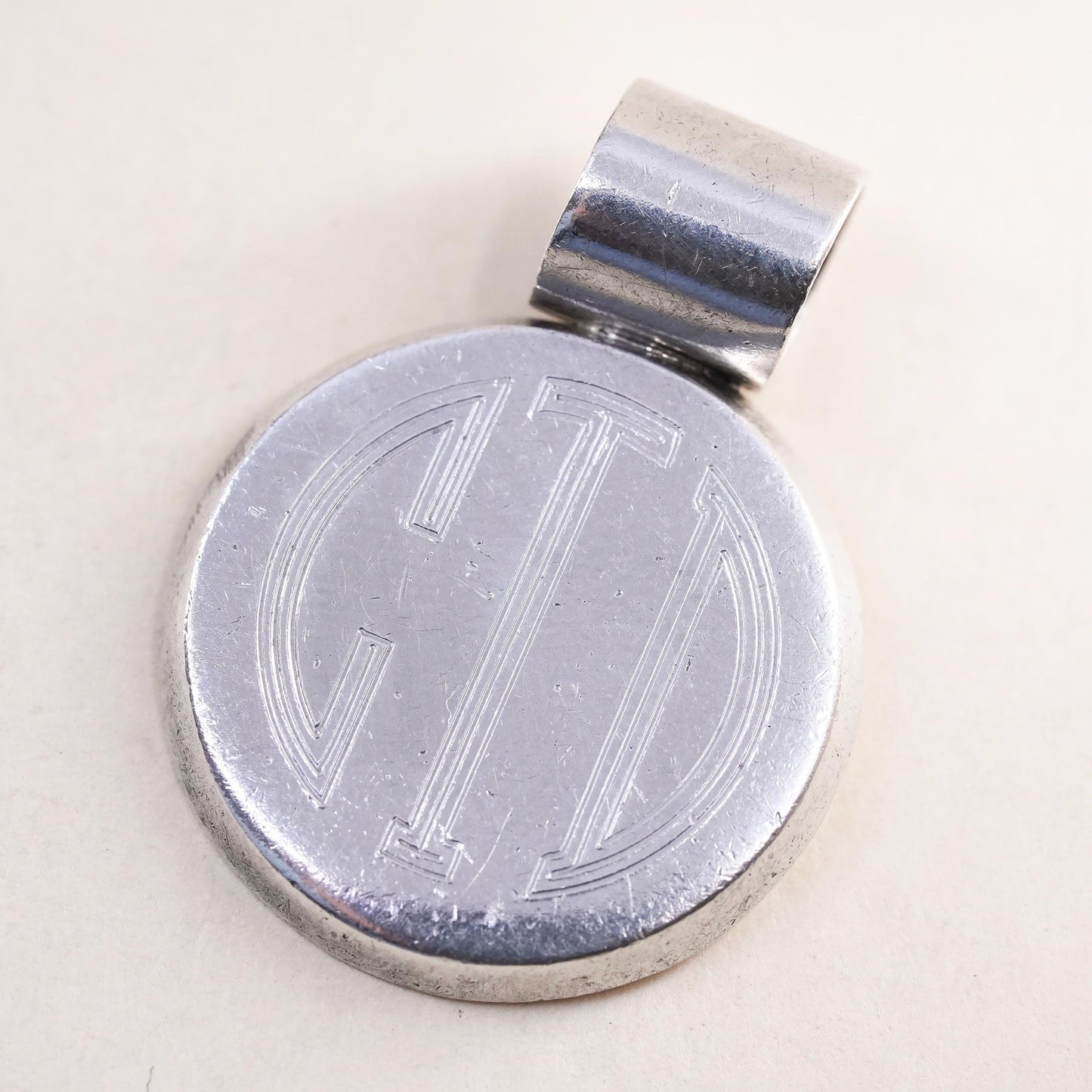 Mexican Sterling silver handmade circle pendant, 925 name monogram, CDT