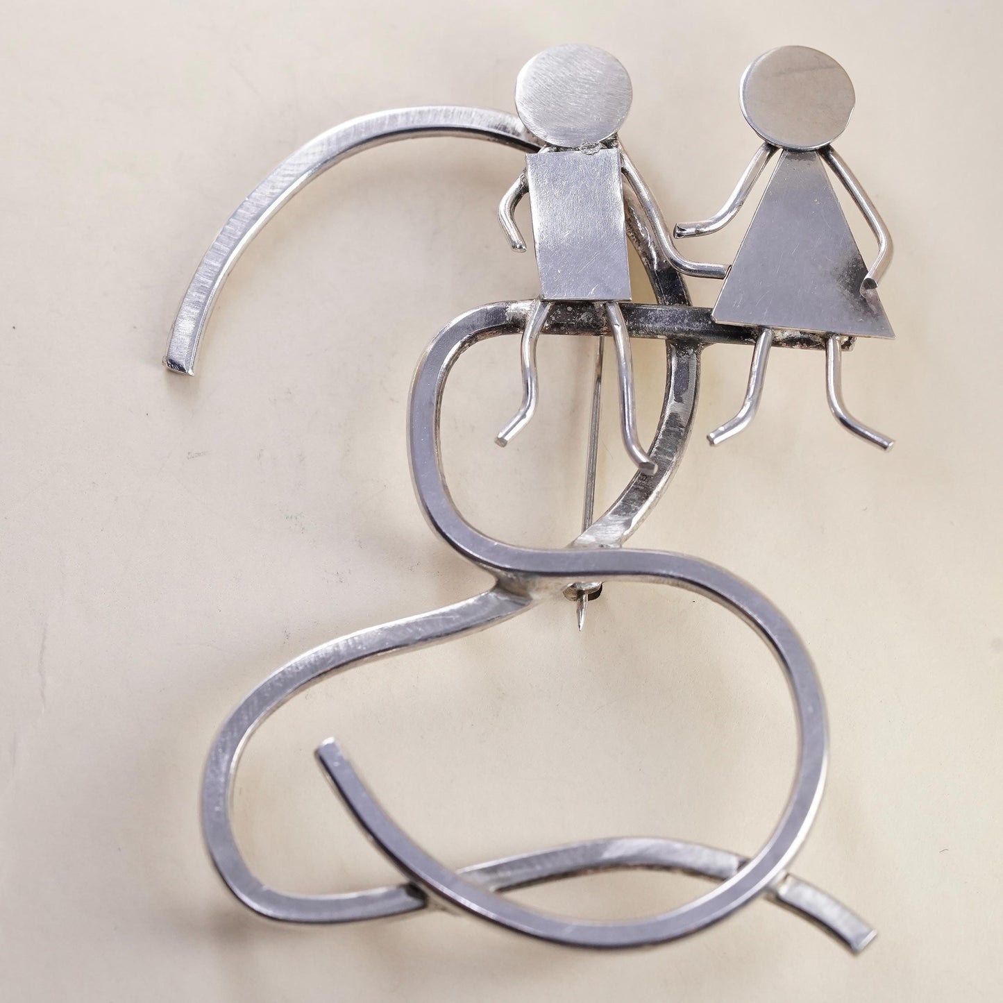 Vintage sterling silver handmade brooch, 925 silver love couple huge brooch
