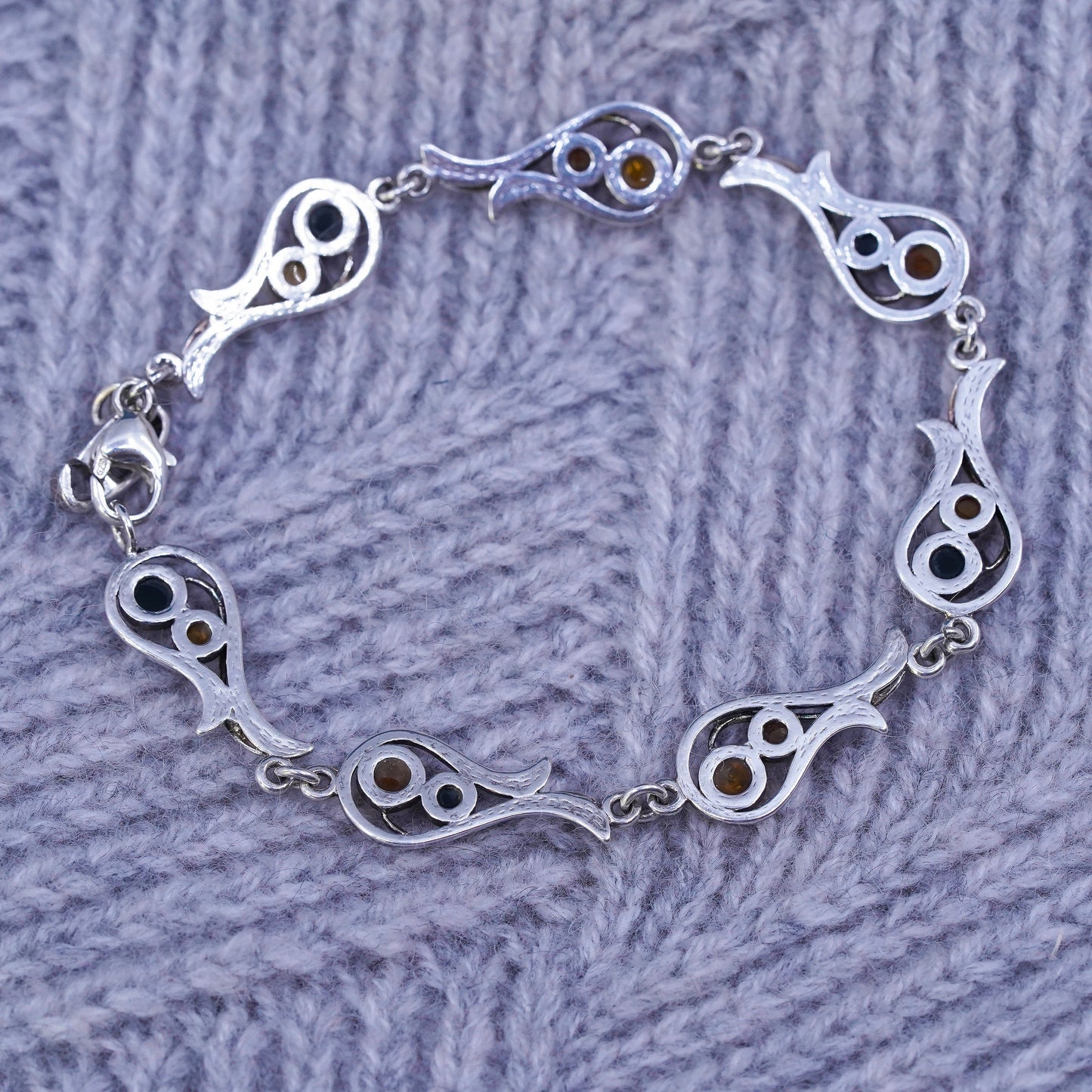7”, vintage sterling 925 silver handmade bracelet with amber inlay