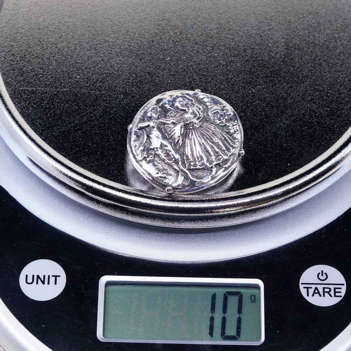 Vintage Sterling silver handmade brooch, puffy 925 silver pin pendant with 18 century dancer, stamped 925