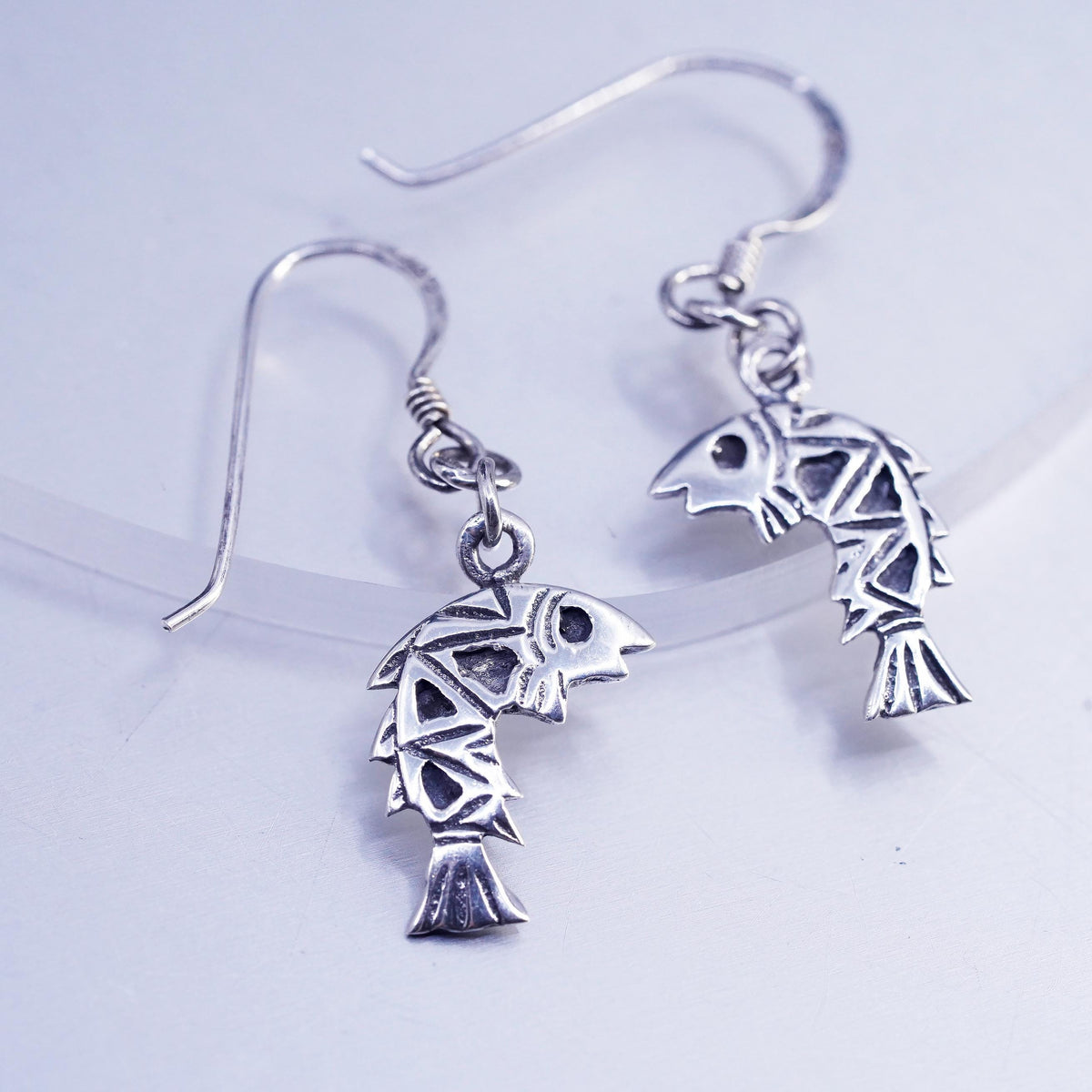 Vintage Sterling Silver 925 Fish Dangle Earrings, Geometric Fish Skeleton Drops