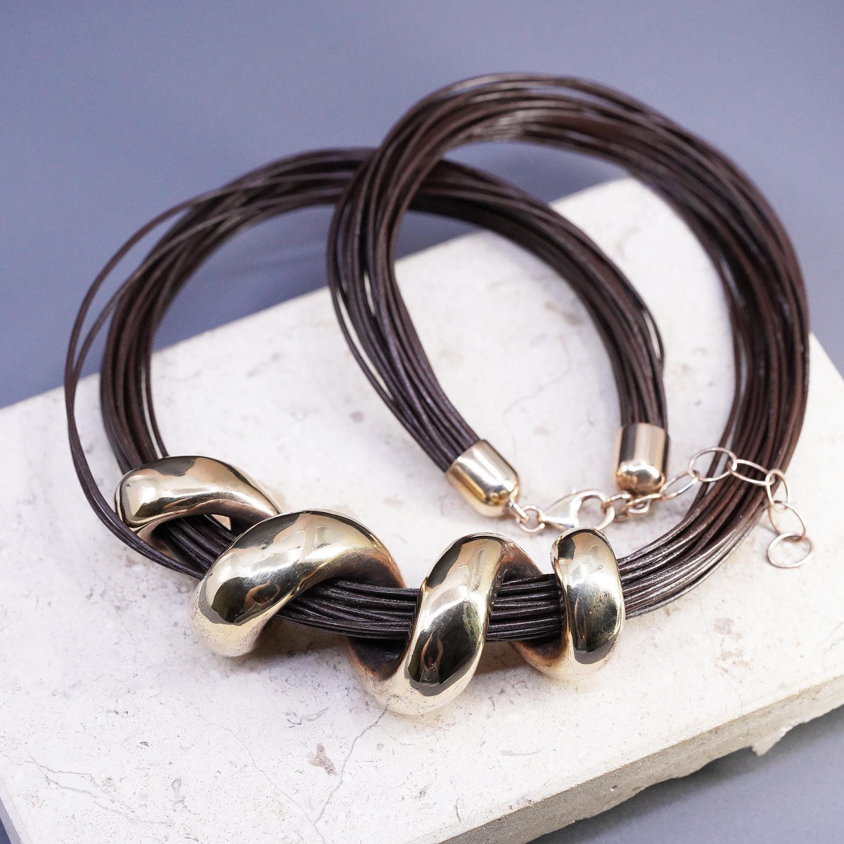 20+2", Vermeil Gold Sterling 925 Silver Multi Strand Leather Necklace Swirl