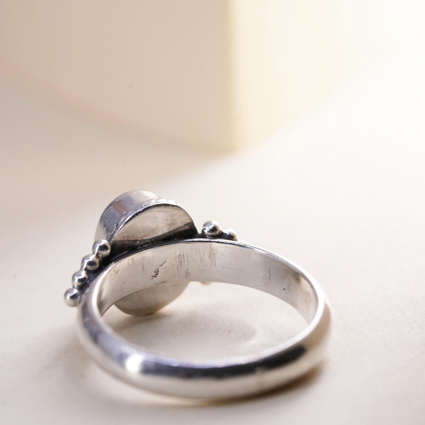 Size 7, vintage Mexican sterling 925 silver stackable ring moonstone and beads