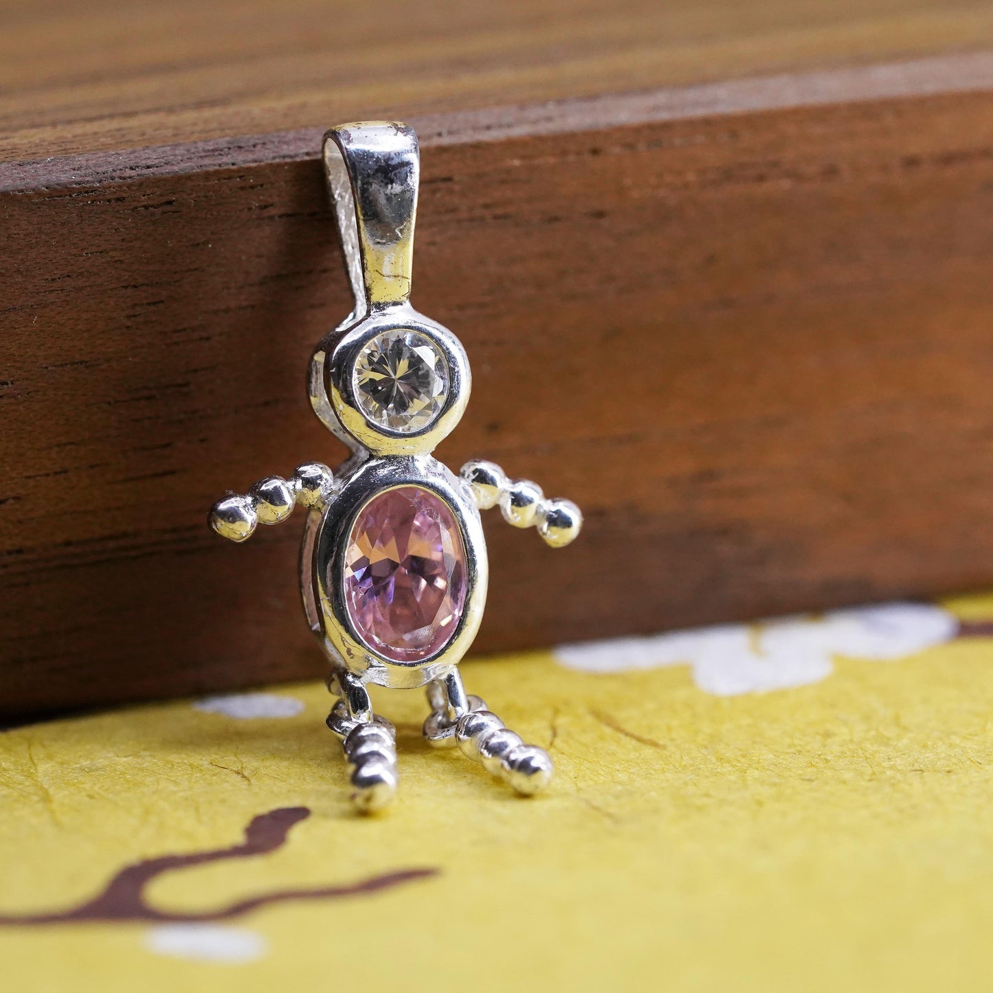 Vintage Sterling 925 silver birthstone pendant pink crystal, baby boy figure