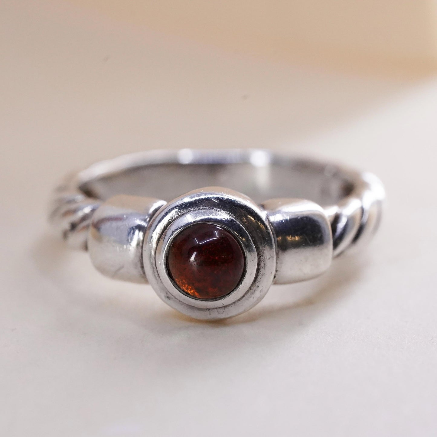 Size 7.75, Vintage sterling 925 silver handmade ring with round garnet