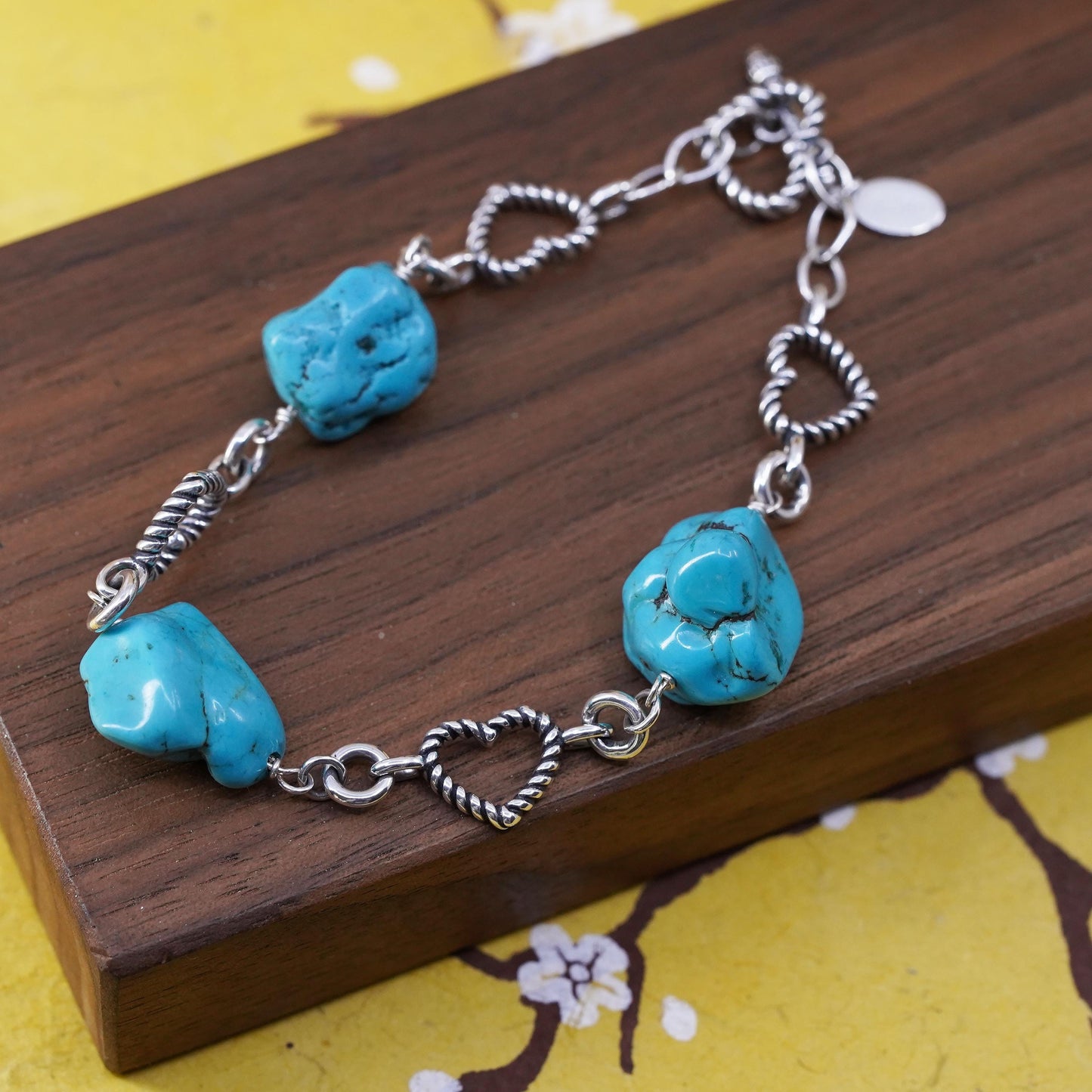 7.5", southwestern Lenox Sterling silver bracelet, turquoise bracelet 925 heart
