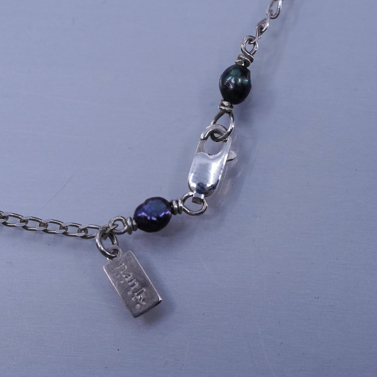 18”, Nank Sterling 925 silver curb chain necklace with black pearl pendant