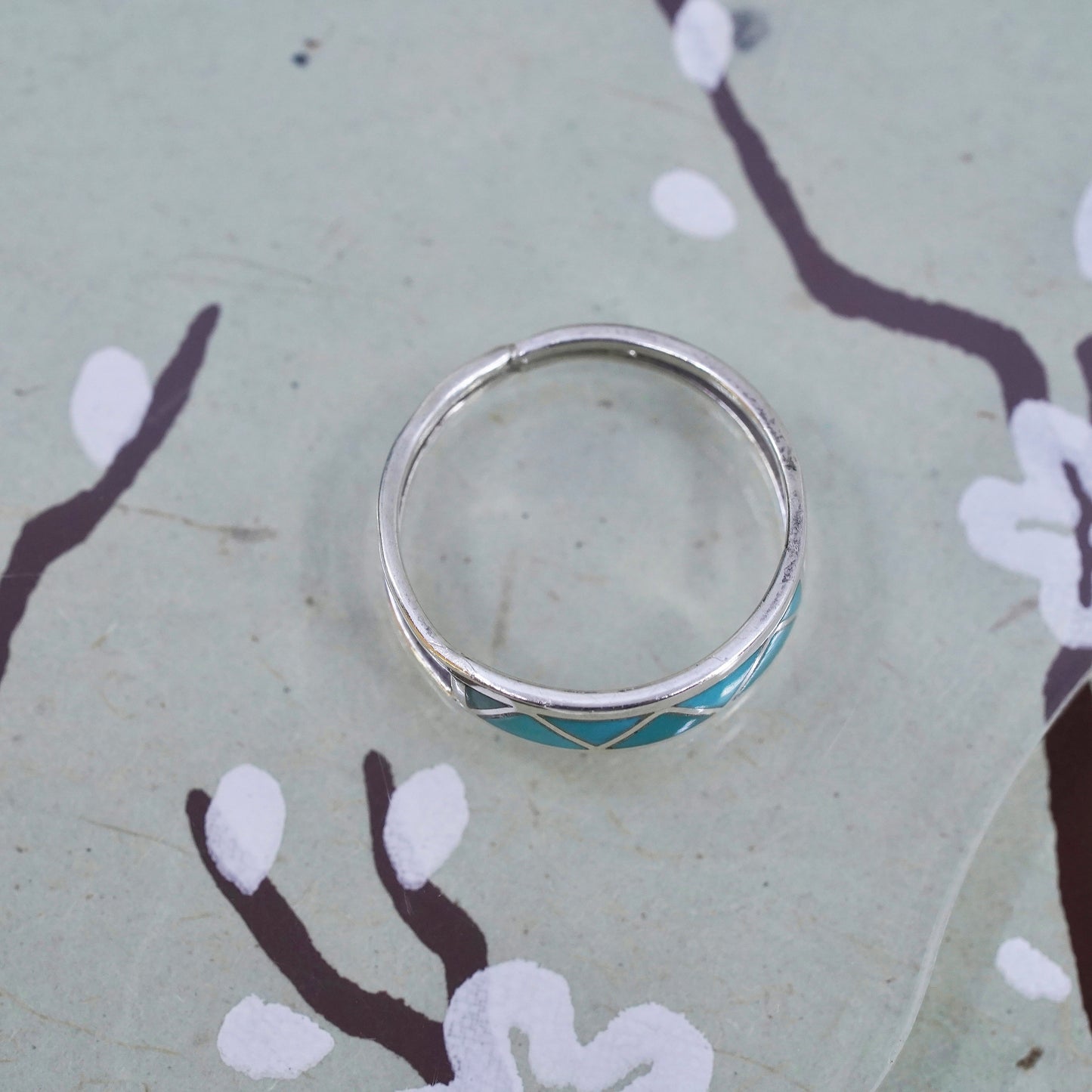 Size 6, Jason & Pearl Sterling silver ring, 925 zig zag band turquoise, Zuni