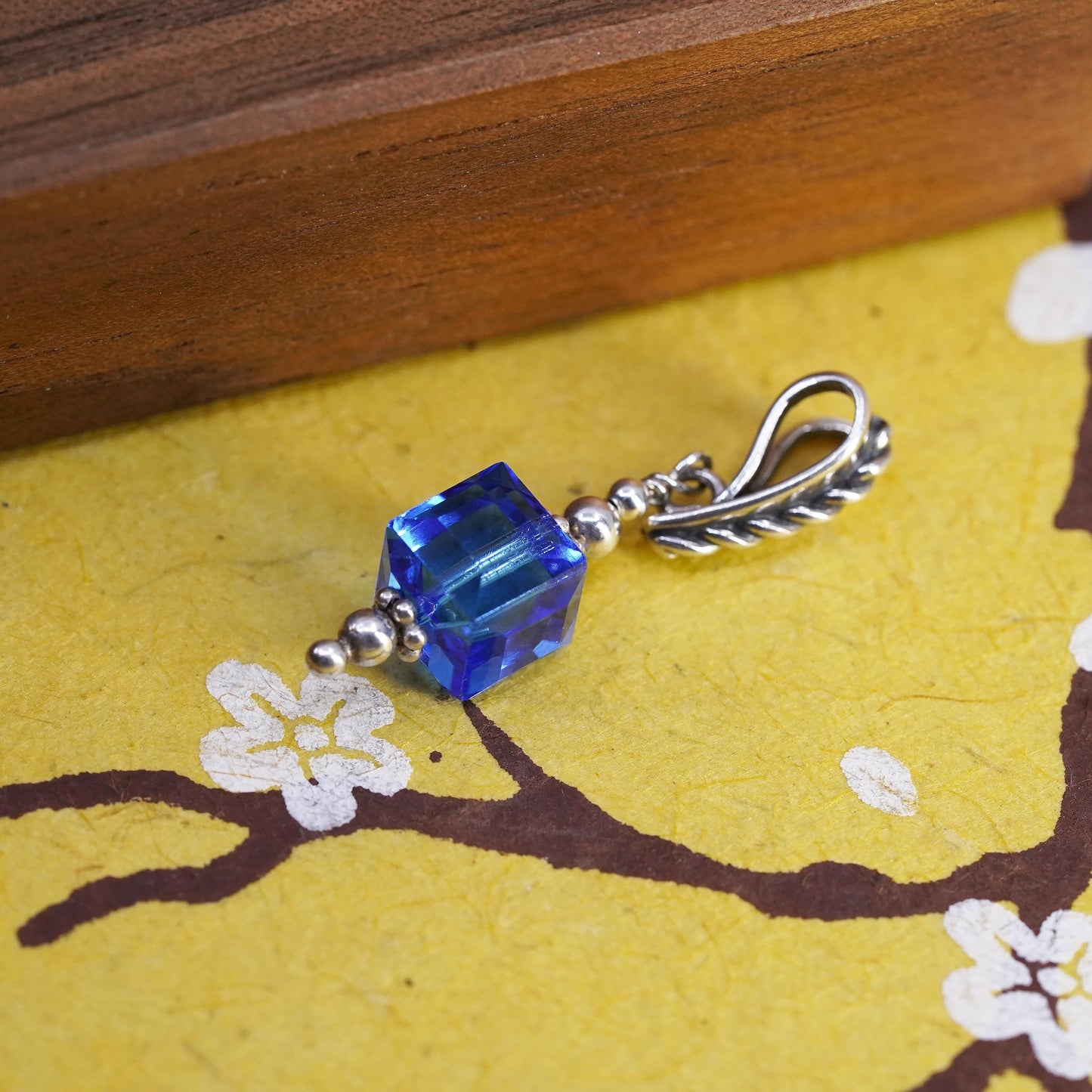 Vintage Sterling silver handmade pendant, 925 silver with blue crystal cube