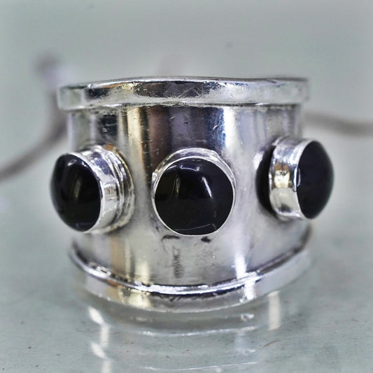 Size 8, vintage HOB Sterling 925 silver handmade statement ring with onyx inlay
