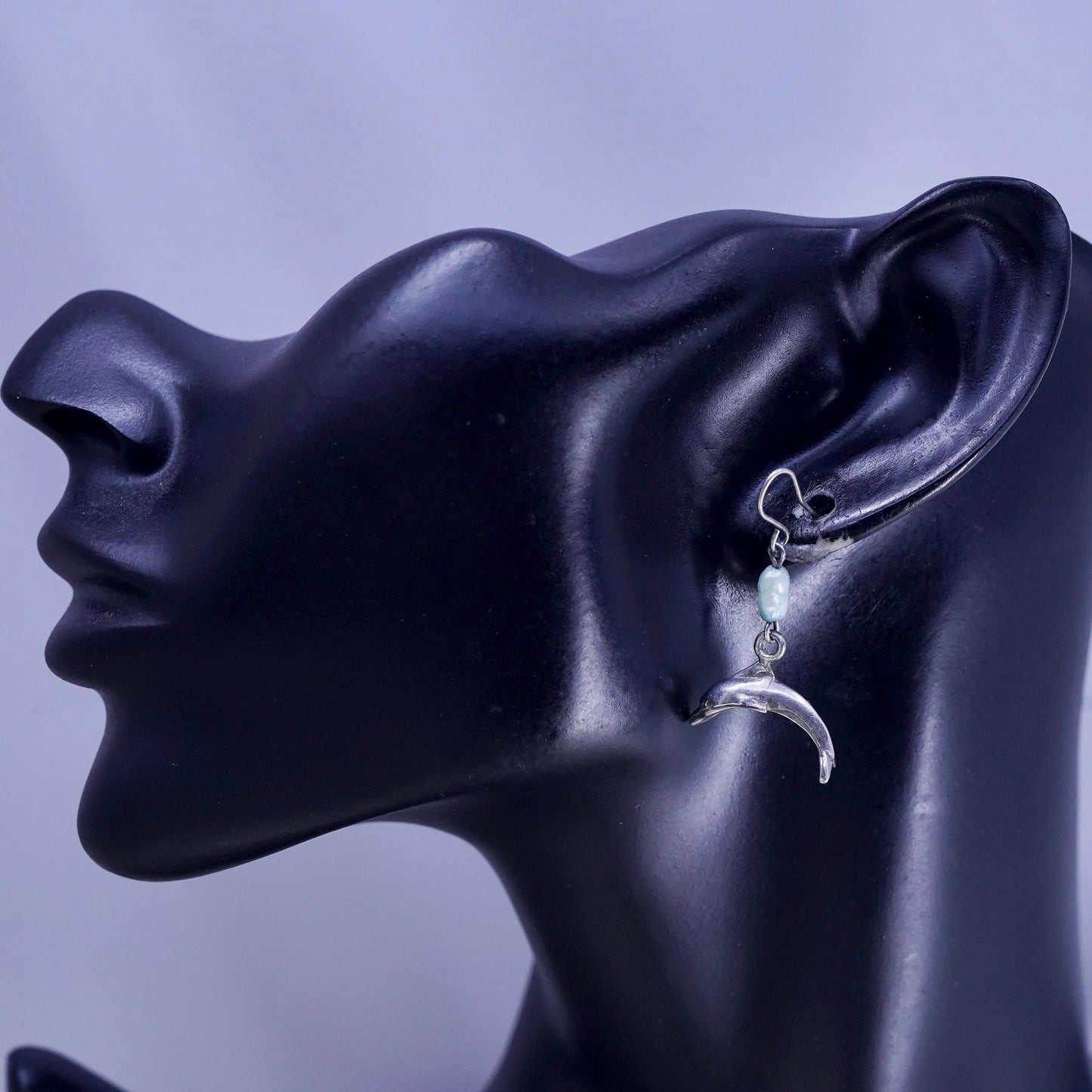 Vintage Sterling silver handmade earrings, 925 dolphin dangles blue pearl beads