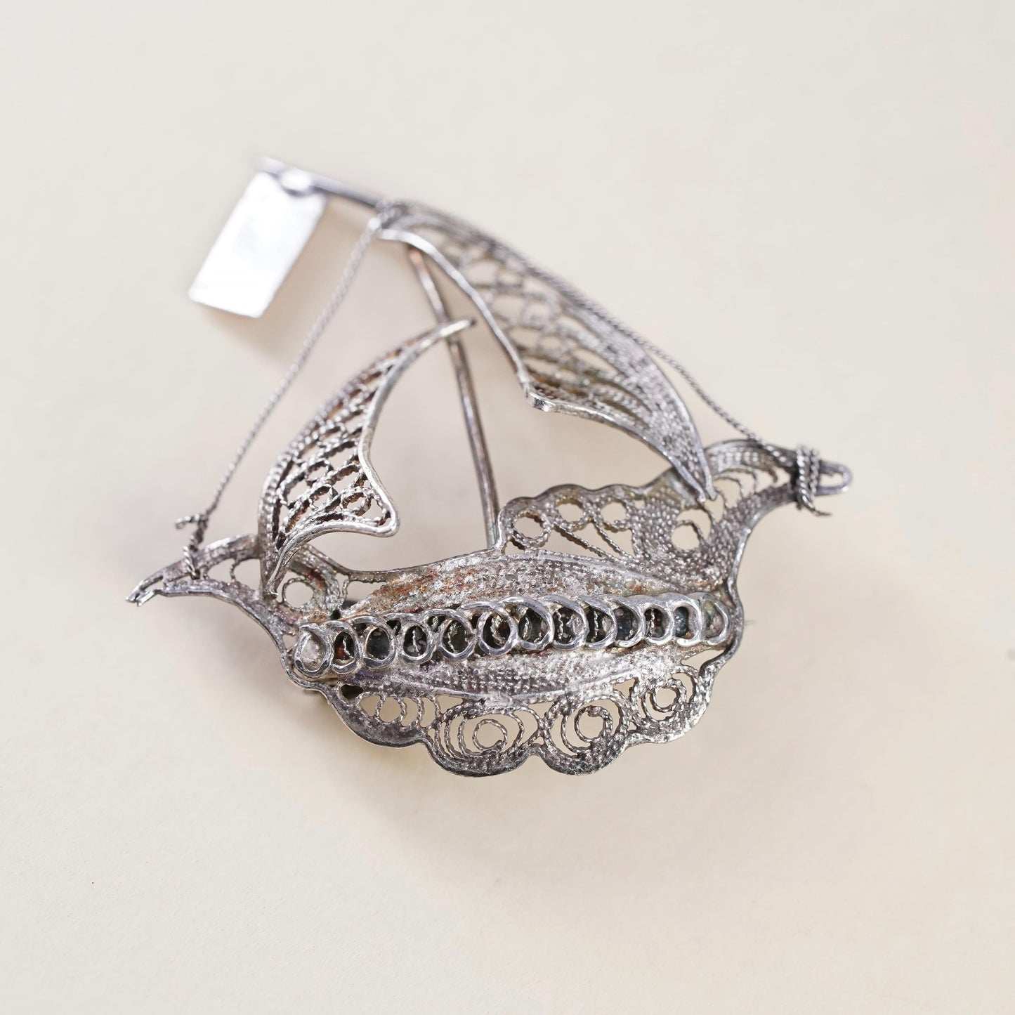 Sterling Silver Filigree Sailboat Brooch, 925 Maritime Ship Pin Sailing Yacht