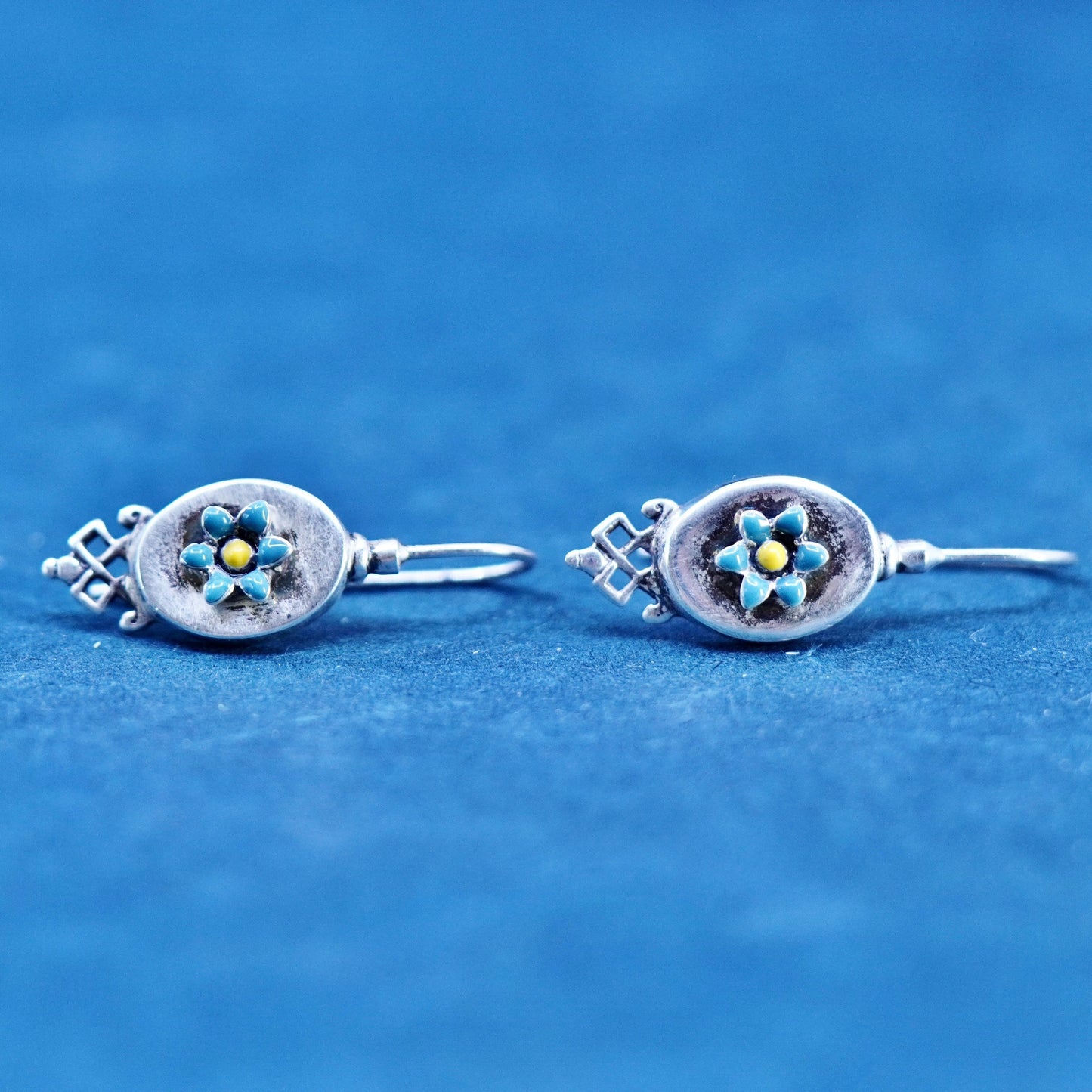 Vintage JR sterling silver handmade earrings with blue enamel flower