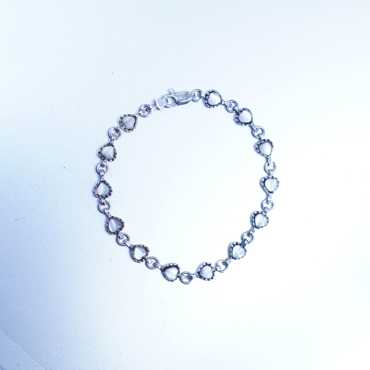 7”, vintage Sterling 925 silver handmade bracelet, heart chain white cats eye