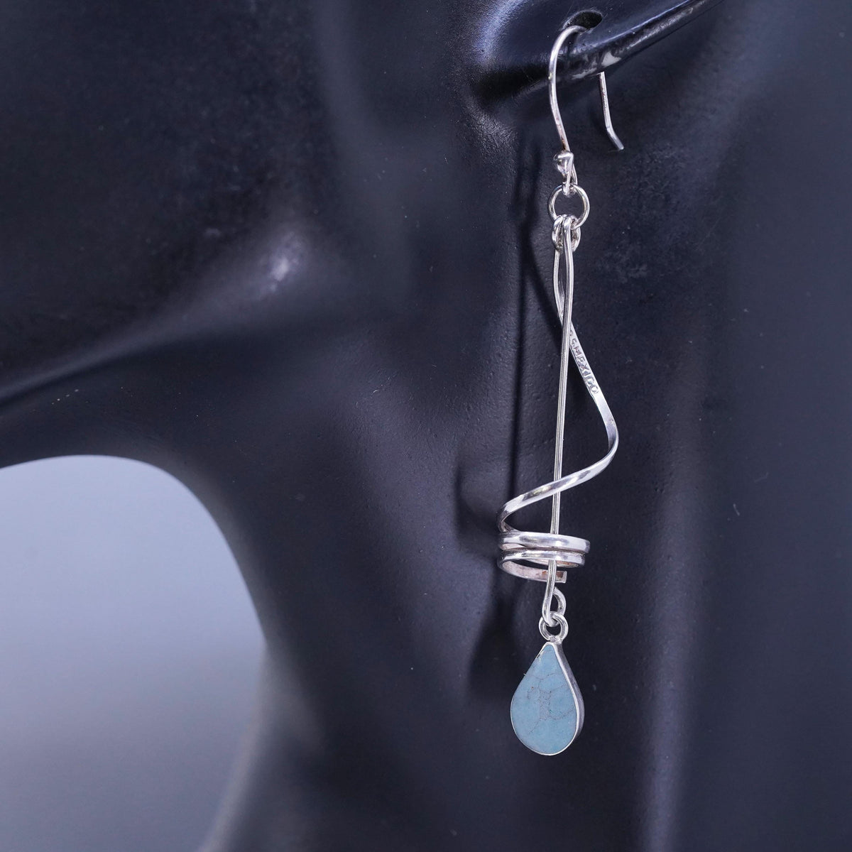 Vintage Mexican sterling 925 silver handmade spiral earrings teardrop turquoise
