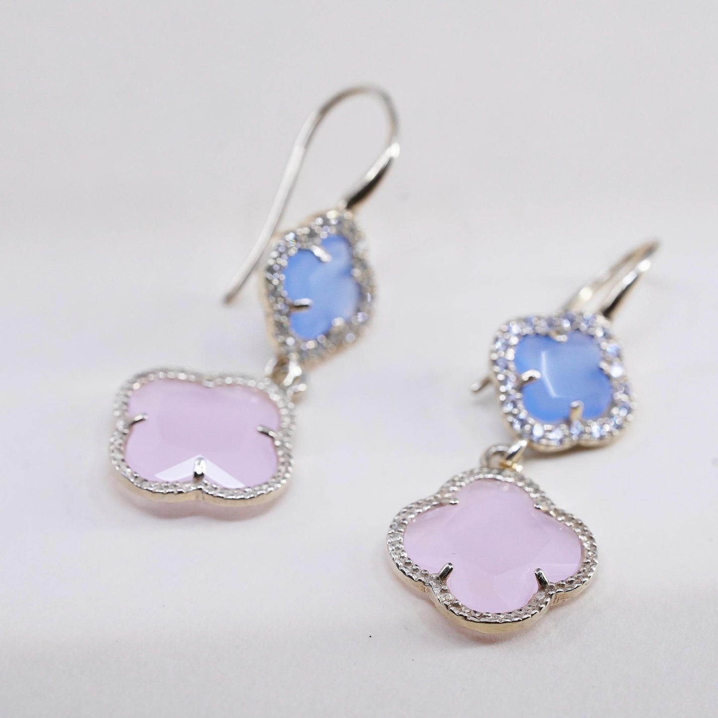 Italian yellow gold plated Sterling Silver Blue Pink Chalcedony Clover Earrings