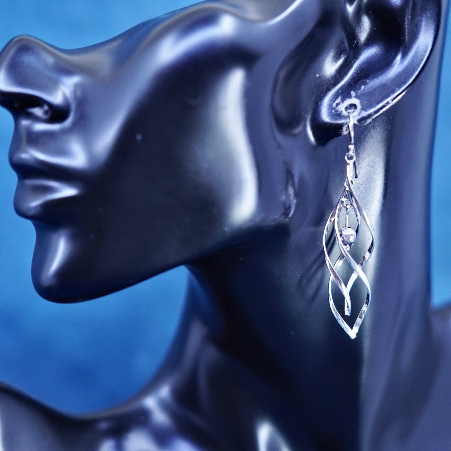 Vintage sterling silver handmade earrings, 925 twisted hoops with beads