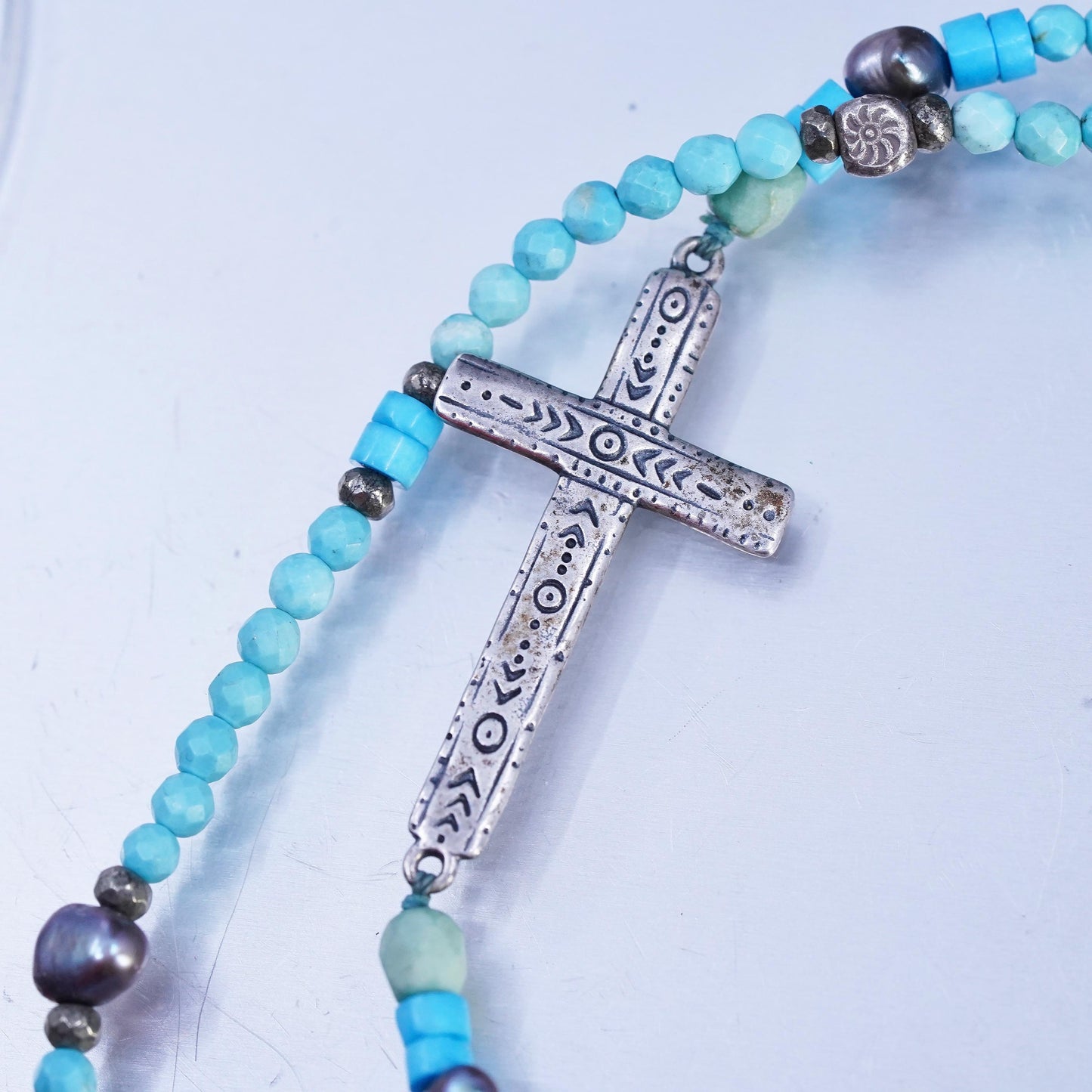 28", Silpada N3028 925 Sterling Silvr Howlite Pearl Pyrite Ideal Cross Necklace