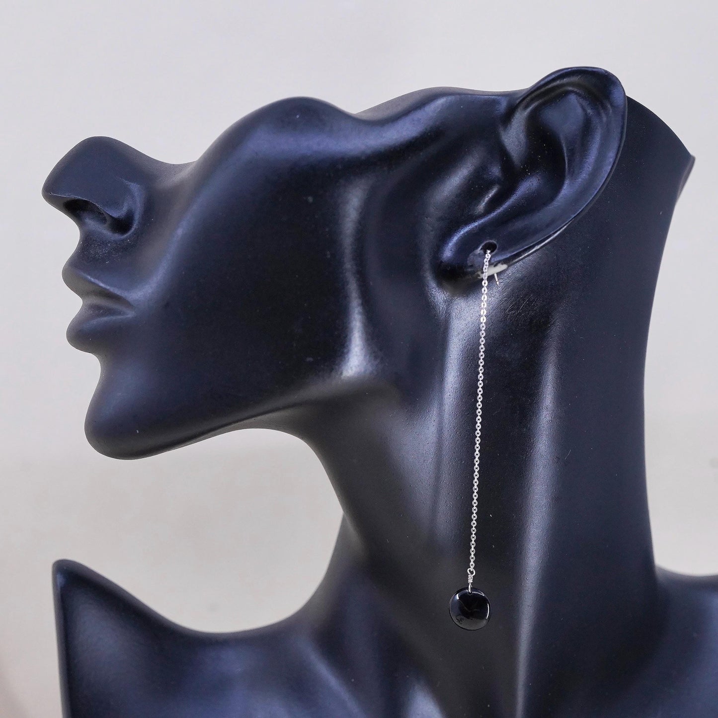 VTG Sterling silver handmade earrings, long 925 circle chain black onyx drops