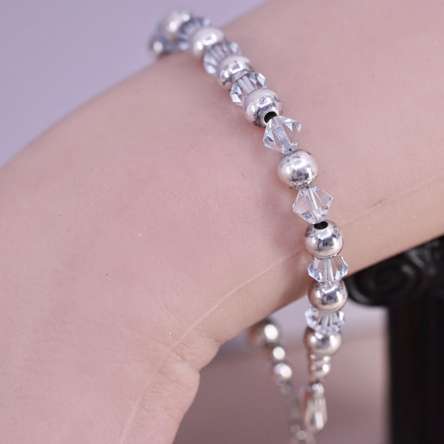 7+1", vintage Sterling silver handmade bracelet, 925 beads with blue crystal