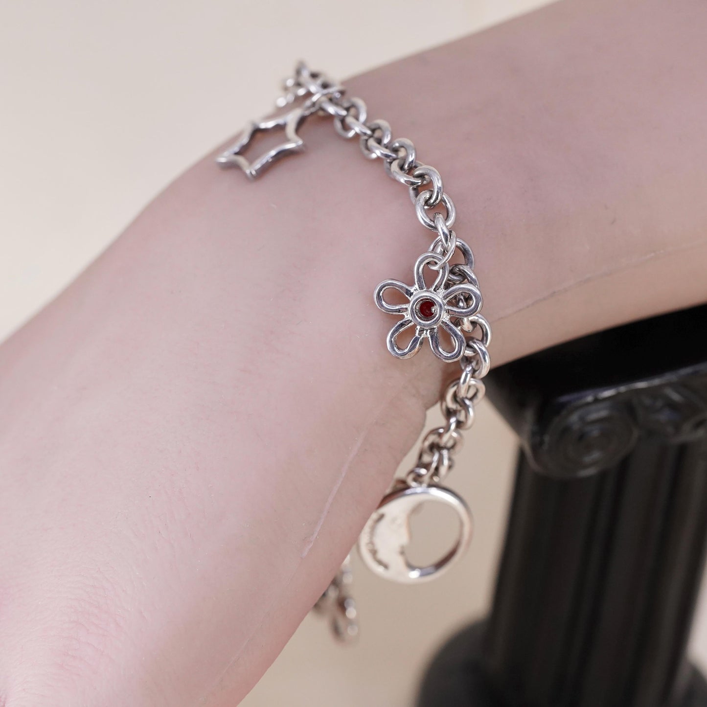 6.75”, Vintage sterling 925 silver circle bracelet with flower moon star charms