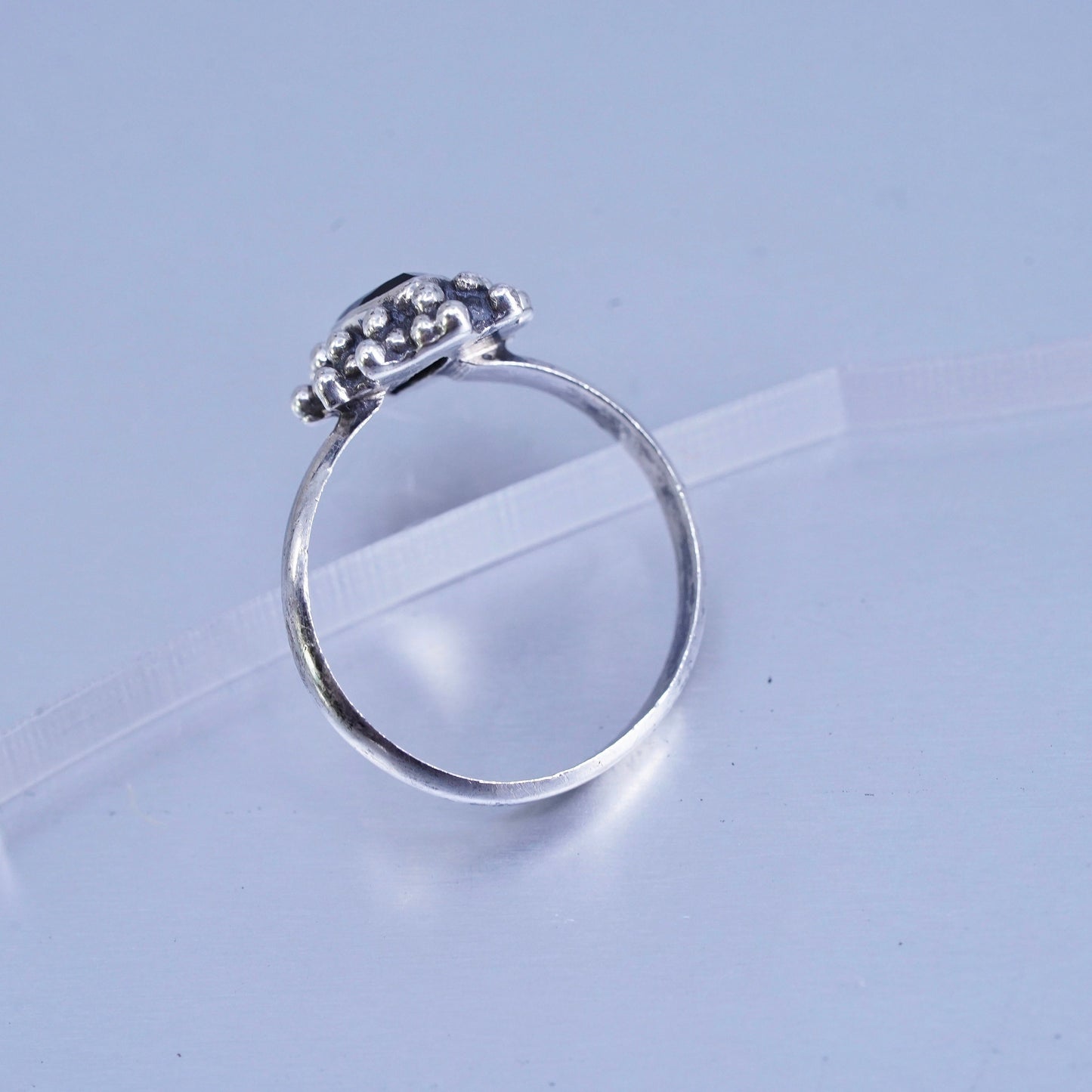 Size 5.75, vintage modern Sterling 925 silver handmade ring obsidian and beads
